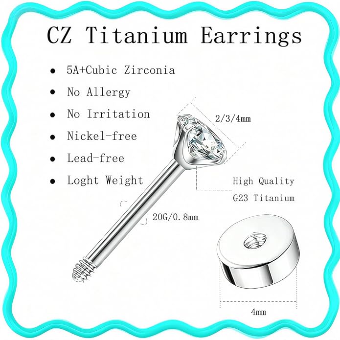 20G Hypoallergenic G23 Titanium Cubic Zirconia Silver Flat Back Earrings for Women and Men,Nickel-Free and Lead-Free Medical Waterproof Studs,Cartilage Stud Earrings for Sensitive Ears,Fashion Piercing Jewelry for Sensitive Skin