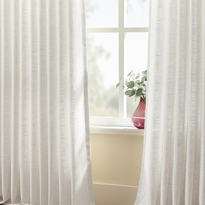 IVAPUPU Pinch Pleated Curtains 90 Inch Long for Living Room, Extra Wide Semi Sheer Pleated Drapes Back Tab Hooks Rings Light Filtering Privacy Linen Curtain for Office, Beige White, 70Wx90L, 1 Panel