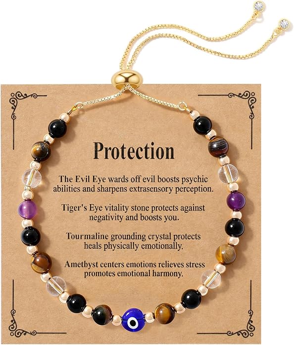 Jardme Natural Healing Crystals Bracelets for Women, Anxiety Relief Triple Protection Good Luck, Kalm Bracelet, Inspirational Spiritual Jewelry Gift for Friends Daughter Mom 6.5+2 Inches