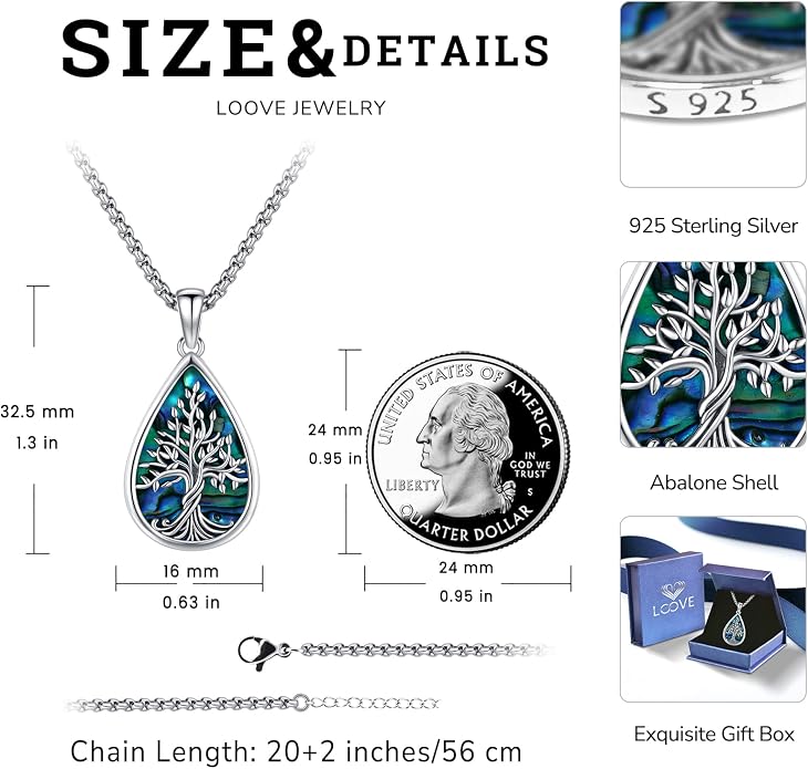 Jewelry Gifts - Tree of Life Necklace Sterling Silver Abalone Shell/Opal/Moonstone/Black Onyx/Turquoise/Malachite/Crystal Family Tree of Life Jewelry for Women Men