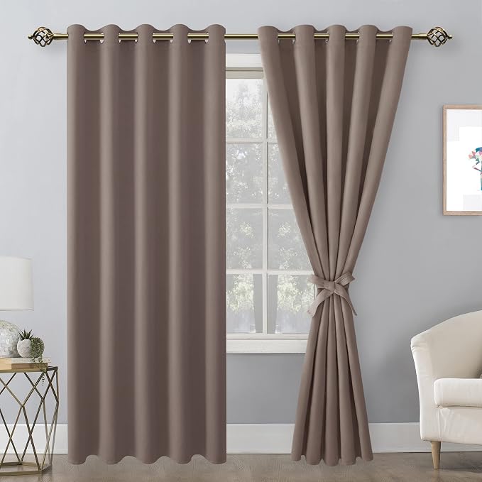 Hiasan Blackout Curtains for Bedroom, 60 x 84 Inches Long - Thermal Insulated & Light Blocking Window Curtains for Living Room/Kids Room, 2 Drape Panels Sewn with Tiebacks, Tan