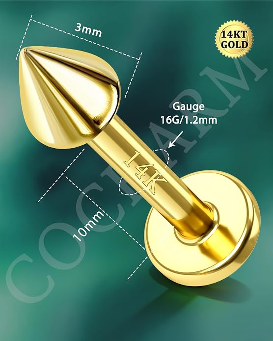 COCHARM 14k Solid Gold 16g Labret Studs Real Yellow Gold Medusa Monroe Madonna Stud Lip Piercing Helix Cartilage Conch Earring Stud