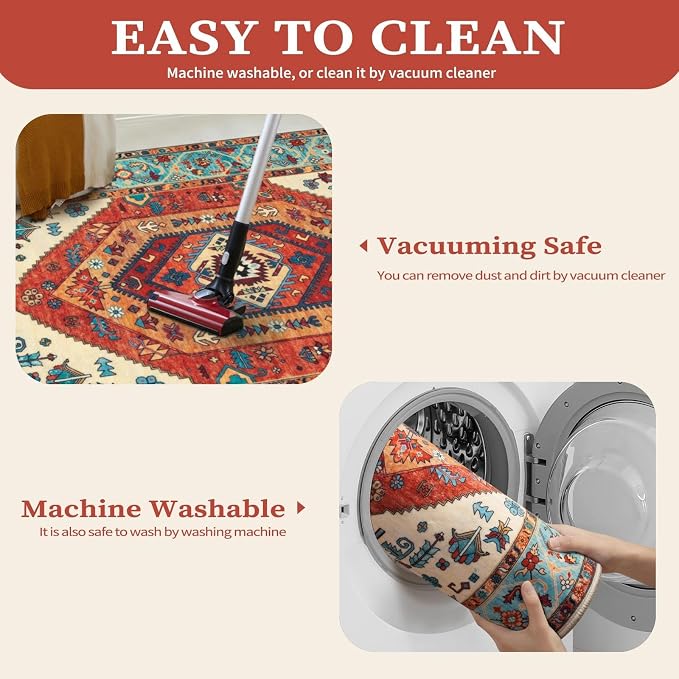 SERISSA Boho Area Rugs for Entryway, 3x4 Washable Non-Slip Kitchen Rug, Ultra Soft Print Distressed Orange Rug Low-Pile Throw Door Mat Indoor Entrance Carpet for Bedroom Living Room Dorm Decor