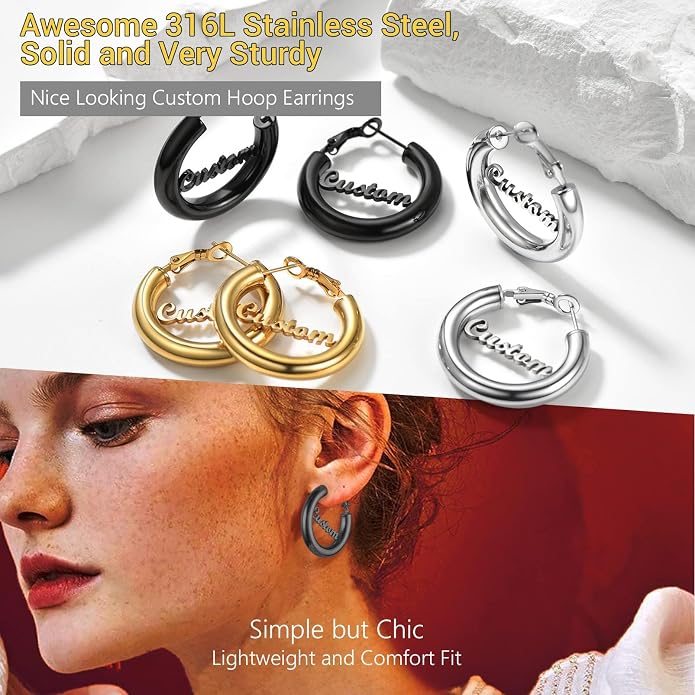 Stainless Steel Chunky Hoop Earrings For Women, Minimalist and Chic, Black/Gold Plated, Round Hoops Earrings Hypoallergenic, Size: 30mm/40mm/60mm/80mm, Come with Box