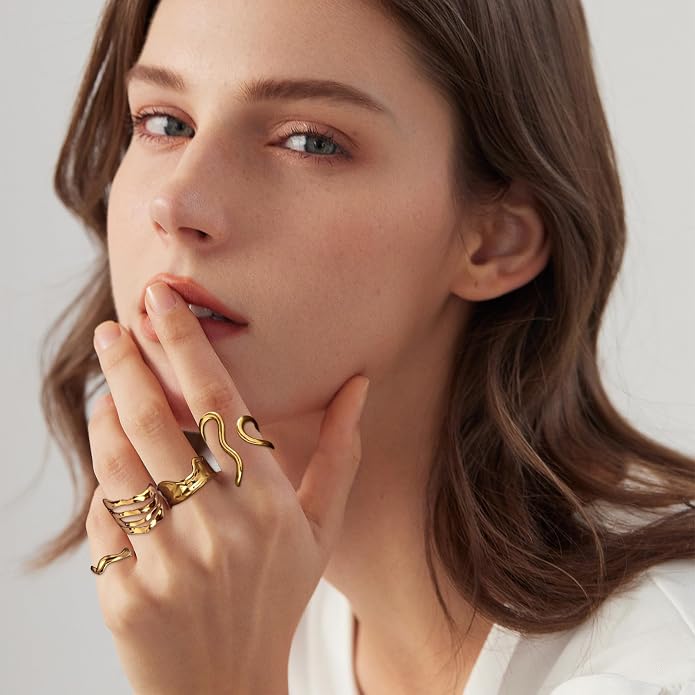 Gold Chunky Rings for Women Asymmetrical Wavy Curve Thumb Ring Irregular Thick Open Statement Rings Adjustable Stainless Steel Flower Finger Rings Non Tarnish