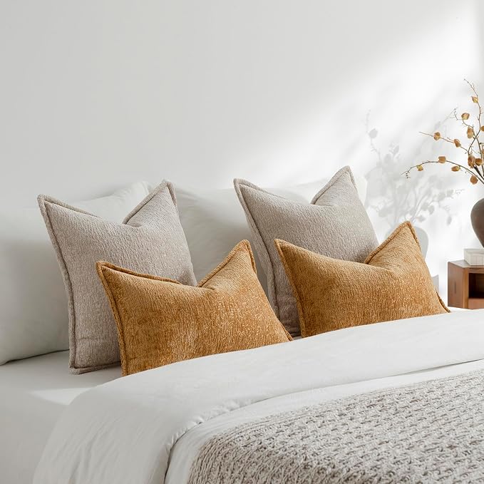 DEZENE Pack of 2 Tan Decorative Throw Pillow Covers 22x22 Cozy Soft Chenille Accent Vintage Square Couch Pillow Covers for Home Decor Bed Sofa Living Room