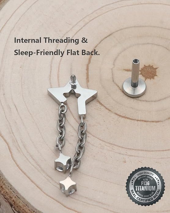 16G ASTM F136 Titanium Flat Back Cartilage Piercing for Helix Labret Stud Internally Threaded Star Double Chain Dangle Earring