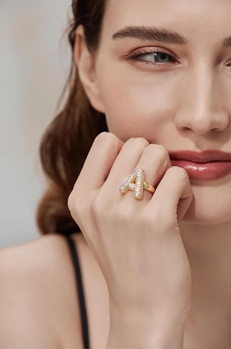 Cicy Bell Initial Rings for Women 14k Gold Plated Cubic Zirconia Delicate Letter Chunky Statement Open Rings Gifts for Her