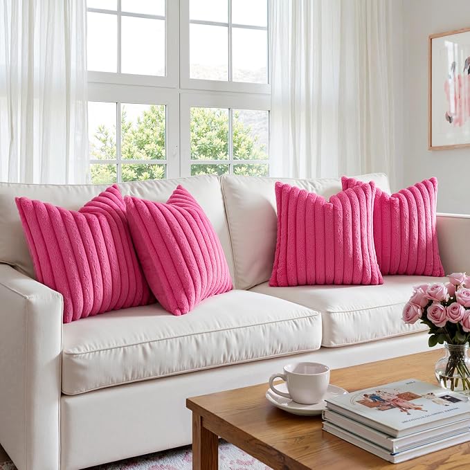 MIULEE Faux Fur Plush Decorative Throw Pillow Covers 20x20 Set of 4, Modern Soft Fuzzy Striped Cushion Covers for Sofa Couch Bed Living Room Cozy Home Decor,Hot Pink