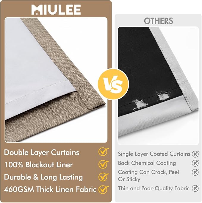 MIULEE Pinch Pleated 100% Blackout Curtains 40"x96" Burlywood Birch 4 Panel | Thick Linen, Memory Trained Pleat, Back Tab Double Layer Drapes, Thermal Insulated, Curtain for Bedroom Living Room Darkening