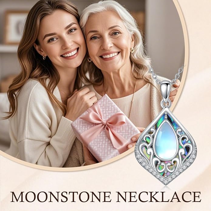 HPQQ Filigree Gemstone Necklace 925 Sterling Silver Teardrop Bohemian Necklace Abalone Shell Jewelry Birthday Gifts for Women