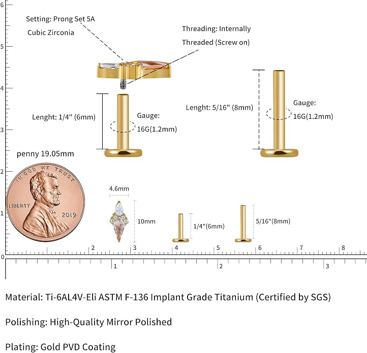 FINE4U ASTM F136 Titanium 16G 6mm 8mm Piercing Jewelry Stud for Conch Helix Flat Lobe - FlatBack Cartilage Earring Stud, Hypoallergenic Implant Grade Nickel Free Body Jewelry