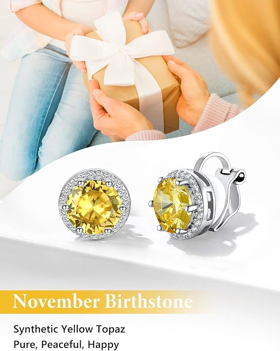 Silvora 925 Silver 8MM Cubic Zirconia Birthstone Clip On Stud Earrings Round Non Pierced Earrings For Women,Come with Box