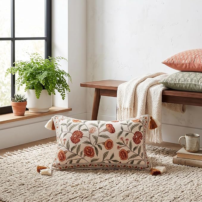 ISAENNE French Linen Rectangle Throw Pillow Cover,Set of 2,20"x12"-Albano A | Designer Vintage Pillow Cover,Concealed Zipper Design,Orange Floral Pattern,Sofa,Bedroom,Living Room,Lounge Chairs
