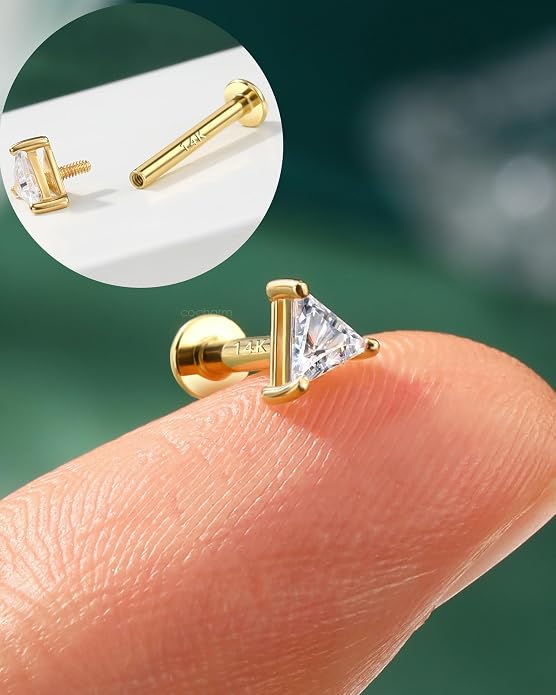 COCHARM 14K Real Gold Helix Cartilage Conch Earring, 16g Flat Back Triangle Tragus Piercing Jewelry, Solid Gold Lip Ring Stud, Yellow Gold Labret Jewelry