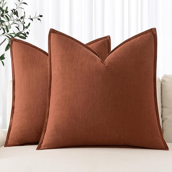 MIULEE Decorative Linen Euro Sham Pillow Covers 24x24 Rust | Boho Farmhouse Fall Autumn Couch Throw Pillows for Bed, Pack of 2 Accent Modern Pillowcases, Sofa Livingroom Home Decor