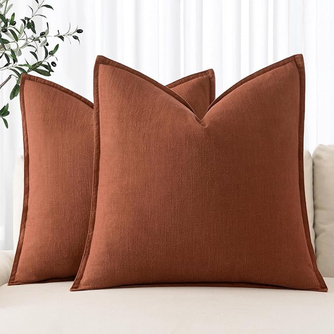 MIULEE Decorative Linen Pillow Covers 20x20 Inch Rust | Boho Farmhouse Fall Autumn Couch Throw Pillows for Bed, Pack of 2 Accent Modern Pillowcases, Sofa Livingroom Home Decor