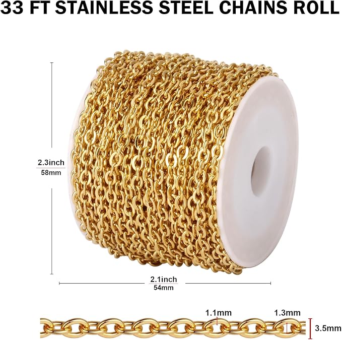 [33 FT] 18K Gold PVD Plated Cable Chains Bulk for Jewelry Making, 3.5mm 304 Stainless Steel Flat Cable Link Chains Roll Spool for Jewelry Making DIY Craft