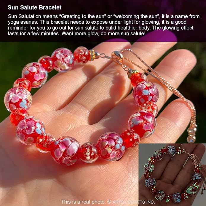 ARTSY Crafts Lily Garden Glow in the Dark Firefly Bead Bracelets Necklaces, Handmade in USA Murano Glass Jewelry, Flower Luminous Beads Mermaid Crystal Bracelet Bangle