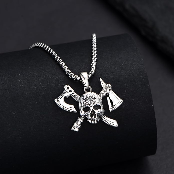PROESS Viking Axe/Sword/Skull Necklace S925 Sterling Silver Thors Hammer Necklace Amulet Dagger Pendant Norse Viking Rune Jewelry Gifts for Men Women