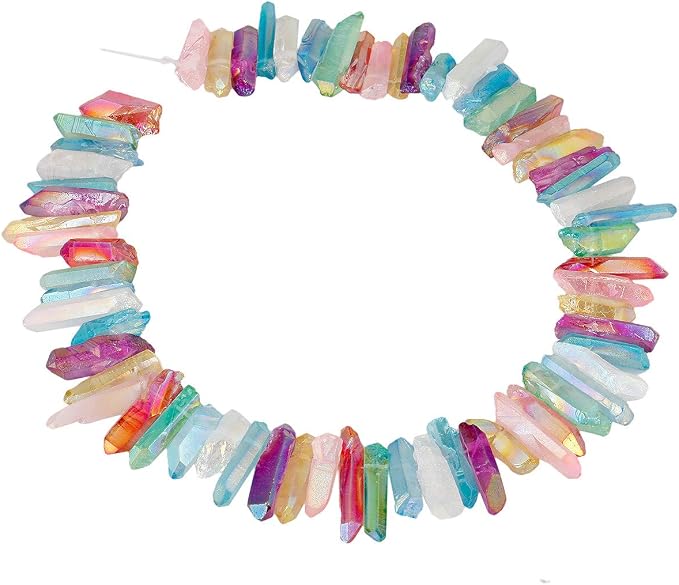 SUNYIK Assorted Color AB Aura Titanium Coated Crystal Points Quartz Rough Sticks Spikes Point Beads 15 inch Strand Drilled