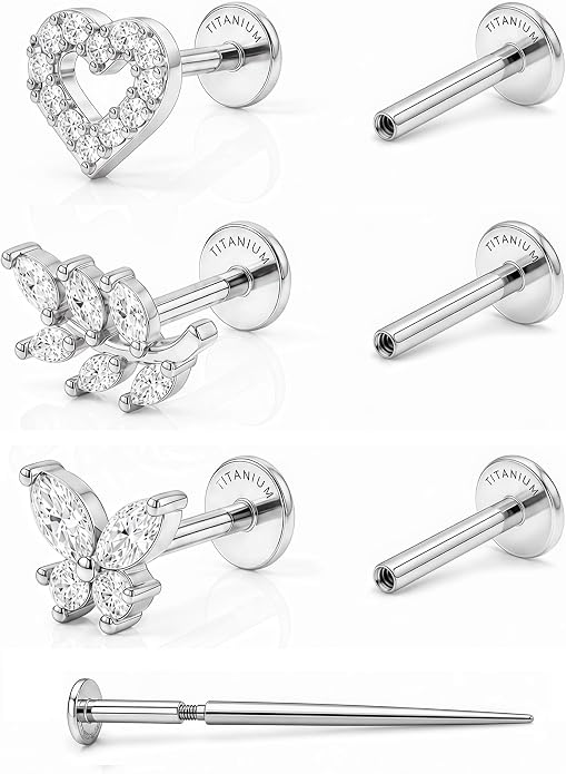 YACHY G23 Titanium Flat Back Stud Earrings, Internally Threaded Screw-On Hypoallergenic Body Piercing Jewelry for Everyday Wear, Tragus Helix Conch Monroe Medusa Lip, 18G 6mm 8mm