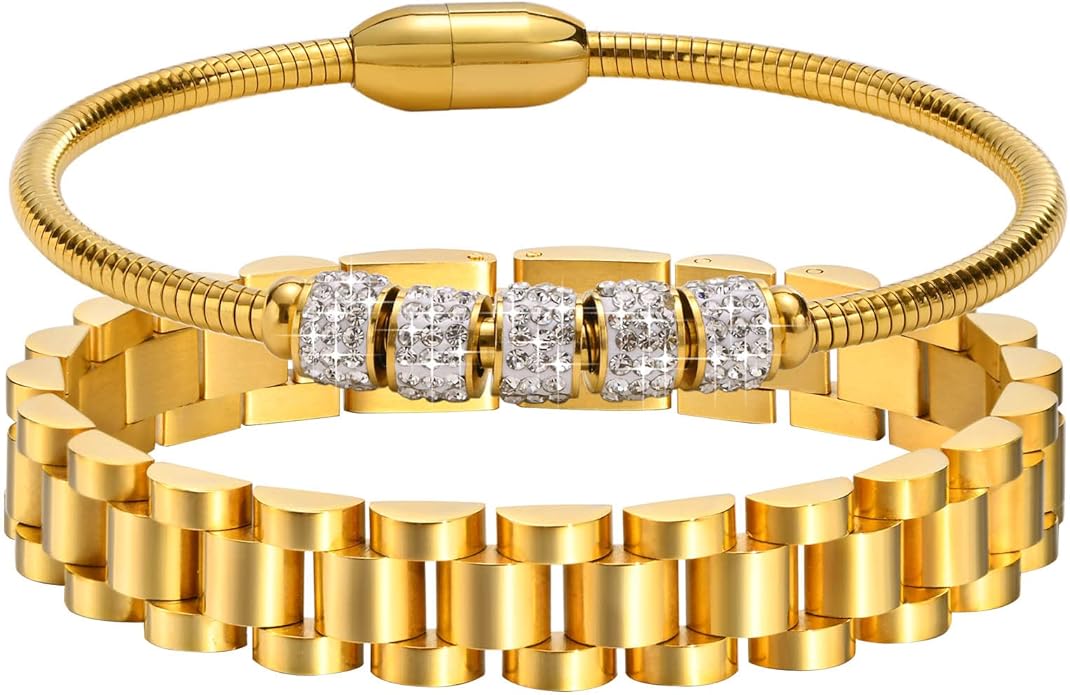 MPRAINBOW 2pcs 18K Gold Plated Chain Link Bracelet, Stainless Steel Crystal Friendship Bracelets Bangle,Watch Band Chains Wristband Jewelry with Adjust Tool