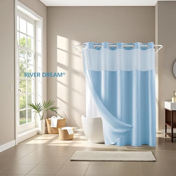 River Dream Cotton Blend Shower Curtain Set with Liner, Sky Blue, 71x74 | Waffle Weave, No Hook Needed, with Snap in Replacement Liner, Top Sheer Window, Hotel Quality Fabric for Bathroom