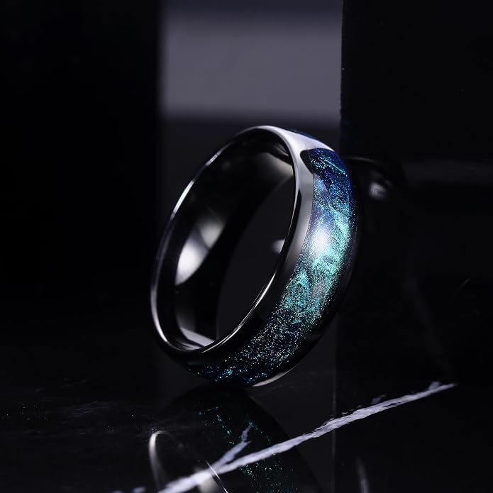 THREE KEYS JEWELRY 4mm 8mm Black Tungsten Wedding Band for Men Women, Blue Green Sandstone & Purple Galaxy Inlay, Domed Polished Comfort Fit Anniversary Engagement Ring