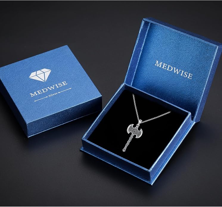 MEDWISE 925 Sterling Silver Viking Axe Necklace with Ebony Inlay, Celtic Knot Norse Pendant Axe Jewelry for Men Women, 20+2 Inch Stainless Steel Chain, Birthday Gifts Jewelry Gift for Father Husband Friend
