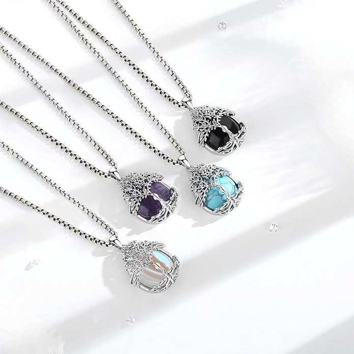 Vito Tree of Life Necklace for Women Men, Silver Plated Copper Teardrop Moonstone/Obsidian/Turquoise/Amethyst/Malachite Crystal Tree Necklace Protection Energy Amulet Jewelry Gift for Mom Wife, 20+2"