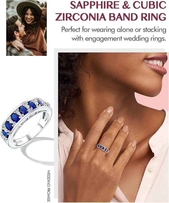 DAYBYDAY Oval Band Rings for Women, 925 Sterling Silver/14k Gold Plated Half Eternity Ring, Aquamarine/Ruby/Emerald/Sapphire Birthstone Rings, Thick Band Gemstone Anniversary Ring Size 6 to 10