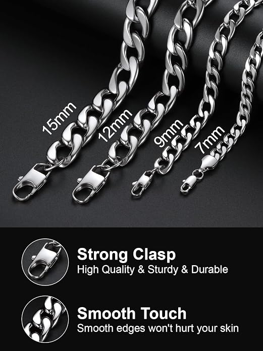 U7 Cuban Link Chain for Men Women Stainless Steel Curb Necklace, 7/9/12/15 MM Chunky Chain Silver/Gold/Black Mens Hip Hop Jewelry 18''-30''