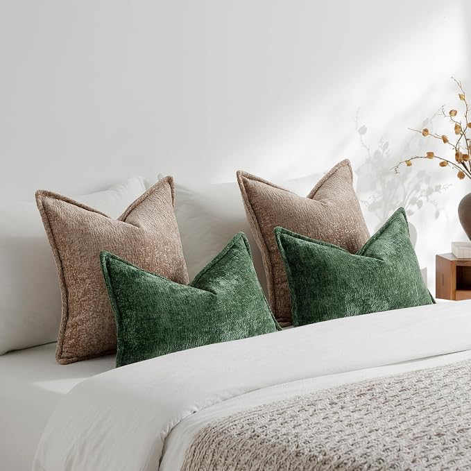 DEZENE Pack of 2 Forest Green Christmas Decorative Throw Pillow Covers 12x20 Cozy Soft Chenille Accent Vintage Rectangular Lumbar Couch Pillow Covers for Home Decor Bed Sofa Living Room