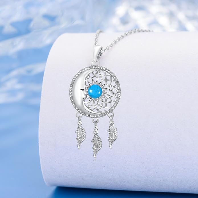Dream Catcher Moonstone/Turquoise Necklace 925 Sterling Silver Moon Necklace Dream Catcher Pendant Necklace Dream Catcher Jewelry Moonstone/Turquoise Jewelry Sun Necklace Gifts for Women