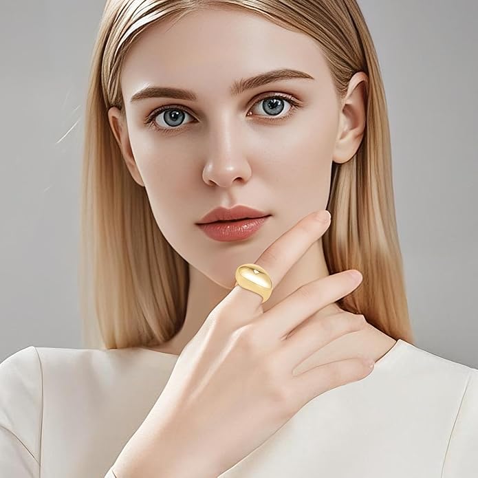 14K Gold Plated Chunky Domed Statement Ring for Women | Lightweight Trendy Rings | Thick Statement Jewelry