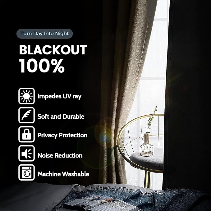 SimpleHome Beige 100% Blackout Curtains Room Darkening Living Room 54 Inch | Curtains for Bedroom,Thermal Insulated Grommet Window Drapes,Curtains for Living Room with Black Back,52 x 54 Inch,2 Panels