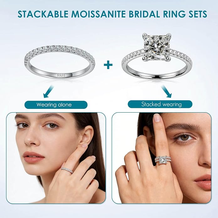WES 1.5/1.8/2.0mm Moissanite Wedding Band - 925 Sterling Silver Half Eternity Round Stackable Moissanite Engagement Rings Anniversary Wedding Rings for Women, Size 4-11