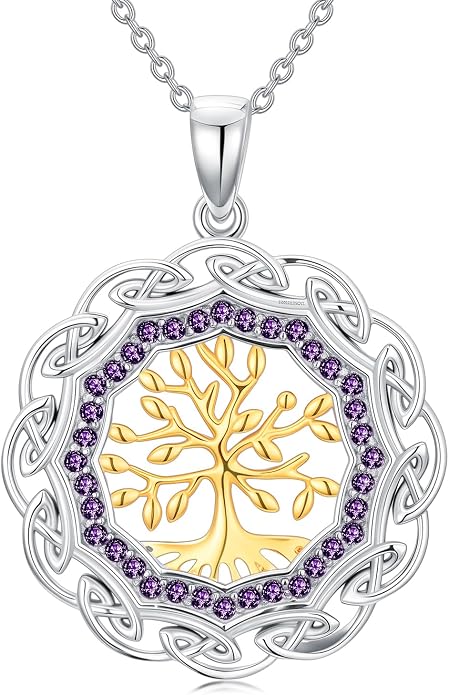 Sterling Silver Birthstone Celtic Tree of Life Necklace, 18K Gold Plated Colored Gemstone Tree of Life Pendant Two-Tone Necklaces Jewelry Birthday Gifts for Women 18" - 20"