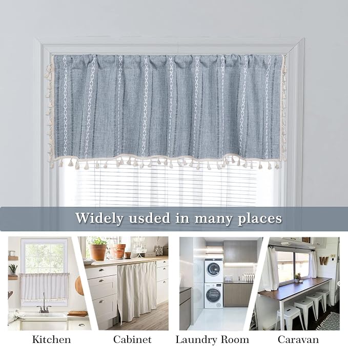 ColorBird Kitchen Short Curtains，52 x 18 inch Blue Striped Valance Curtains Light Filtering Drapes, 1 Panel Embroidered Kitchen Basement Window Curtains Over Sink for Oven Laundry RV Camper Cafe