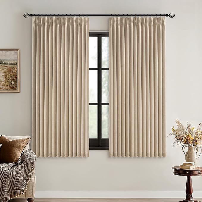 MIULEE Taupe Pinch Pleated 100% Blackout Linen Curtains for Bedroom, Room Darkening Memory Trained Light Blocking Window Curtains 63 inches Long for Living Room, Black Out Pleat Drapes, 2 Panels