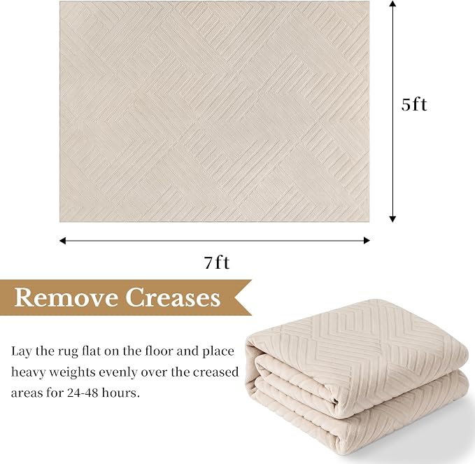 Bsmathom 5x7 Washable Area Rug, Boho Neutral Modern Soft Carpet Mat, Beige | Machine Washable, Low Pile Fluffy Plush, Non-slip, Geometric Textured, For Living Dining Kids Room Bedroom Indoor Dorm