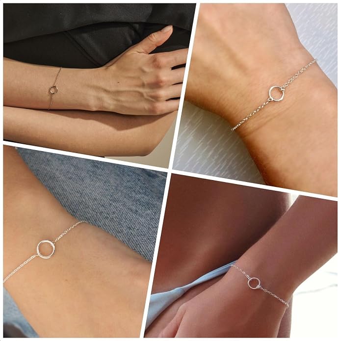 NOKMIT Solid 925 Sterling Silver Bracelets for Women, Dainty Interlocking Circles Cubic Zirconia Adjustable Chain Bracelet, Trendy Stackable Link Bracelets, Simple Cute Jewelry Gifts