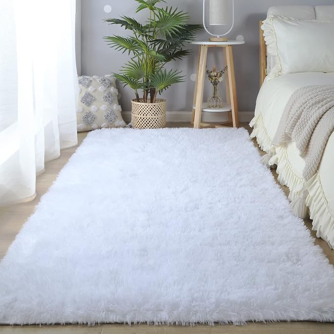 White Shag Area Rug 6x9 Living Room - Ultra Soft Fluffy Carpet Home Decor | Versatile Decor: Perfect for living room - bedrooms Bright white complements any furniture style effortlessly