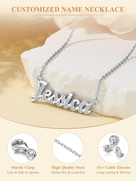 Custom4U Custom Name Necklace for Women, Personalized 1-5 Name Necklace, Sterling Silver/Stainless Steel 14K Gold Plated Nameplate Necklaces, Gift for Mom Wife Anniversary Birthday with Box