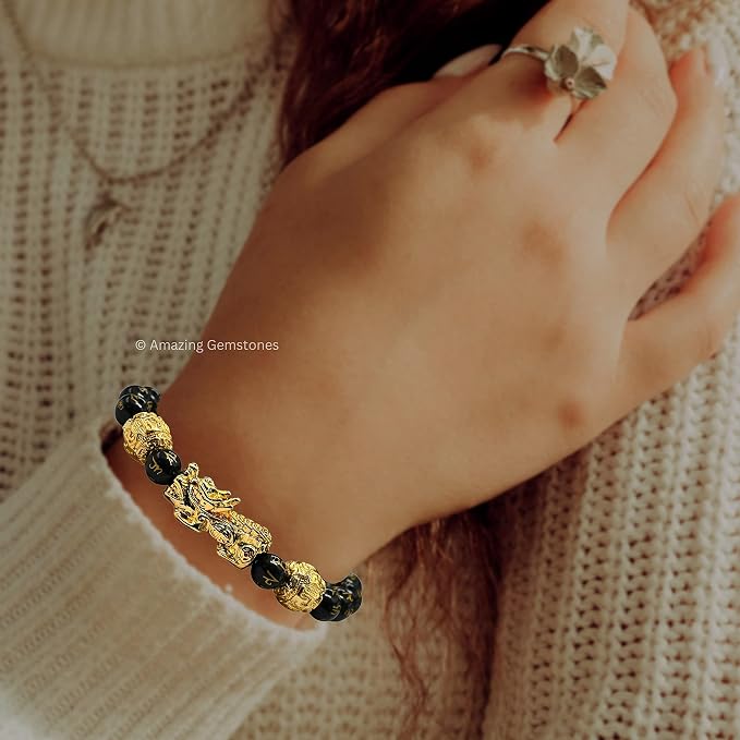 Amazing Gemstone Black Obsidian Pixiu Bracelet for Women Men's Gifts - Protection Healing Crystal Bracelet - 8mm Gemstone Beaded Adjustable Bracelet Pulseras para Hombres Mujer Stocking Stuffers