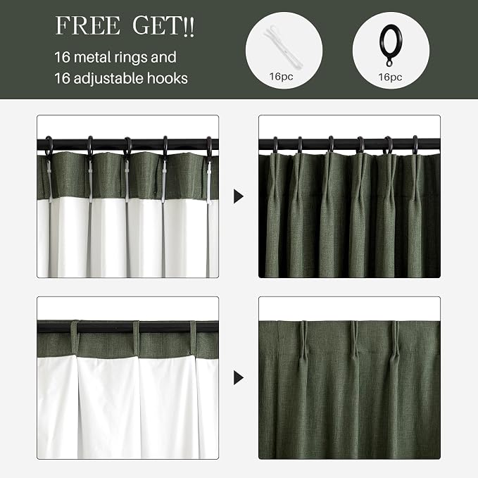 Pinch Pleated Curtains 100% Blackout Linen Curtains 102 Inches Long for Bedroom Living Room, Olive Green Memory Trained Thermal Insulated Room Darkening Window Drapes with Hooks 2 Panels 40"Wx102"L