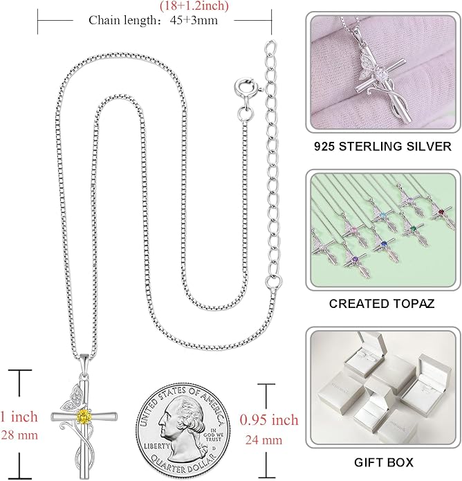 STARCHENIE Butterfly Cross Necklace 925 Sterling Silver Crucifix Pendant Birthstone Jewelry for Women