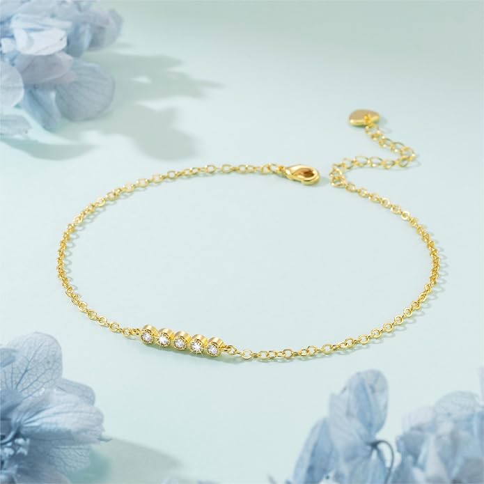 14K Gold Plated Ankle Bracelets for Womens Ankle Bracelet 14K Gold Plated Anklets for Women Elegant Line with Five Cubic Zirconias Anklets for Womens Adjustable 9.4+1.6in