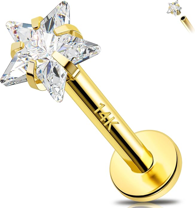 Melighting 14K Solid Gold Cartilage Earring - 16G Gold Heart Flat Back Earring - Star Helix Piercing Jewelry - Internally Threaded Curved CZ - 8mm